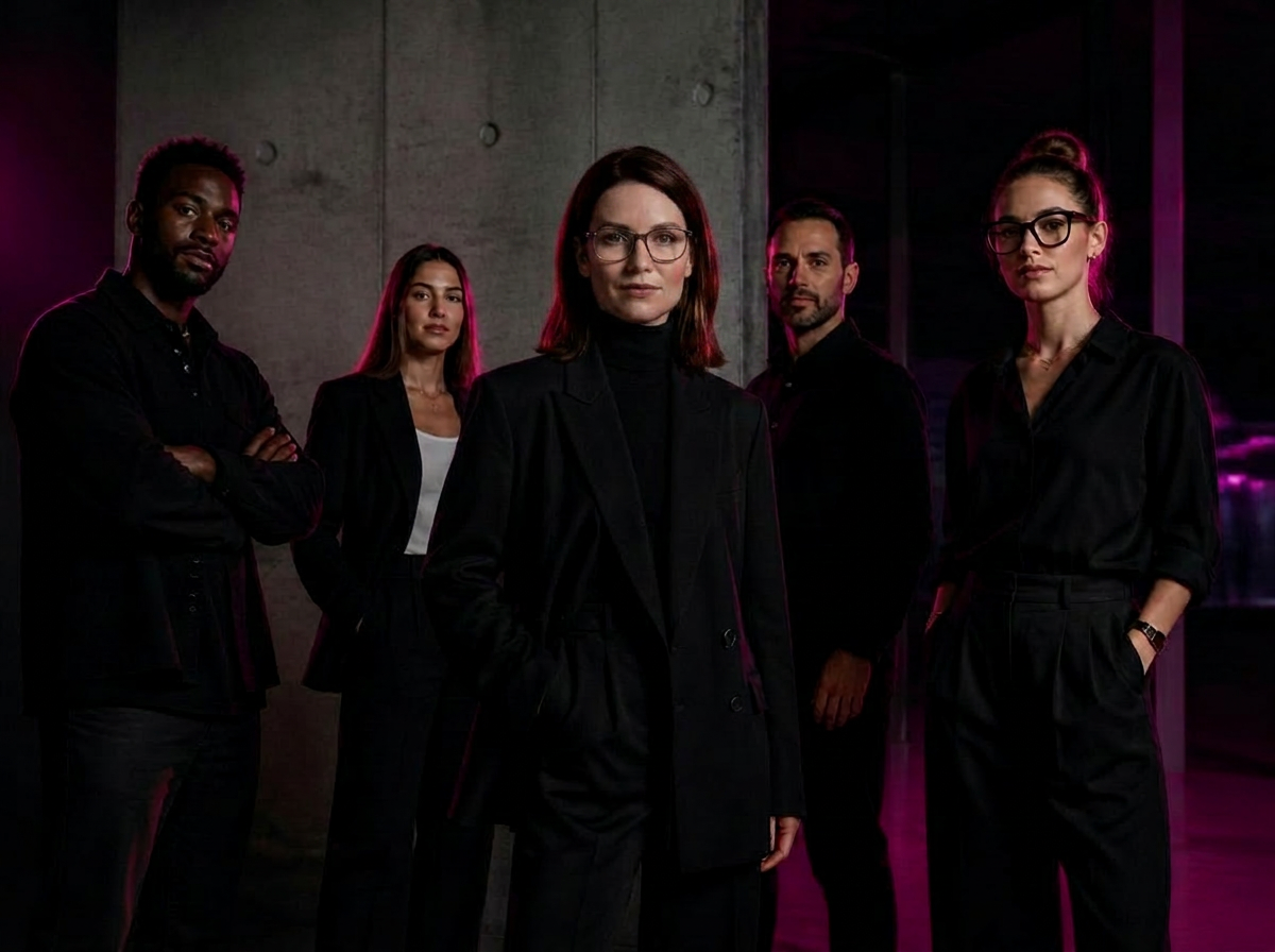 Creative agency team in black attire posing against a magenta background for professional brand identity development