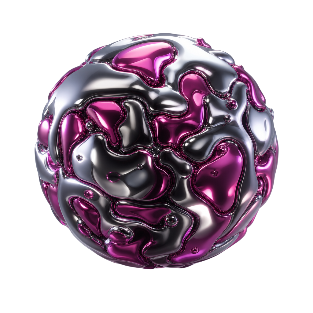 Apstraktna 3D sfera sa tečnim metalnim i magenta površinama