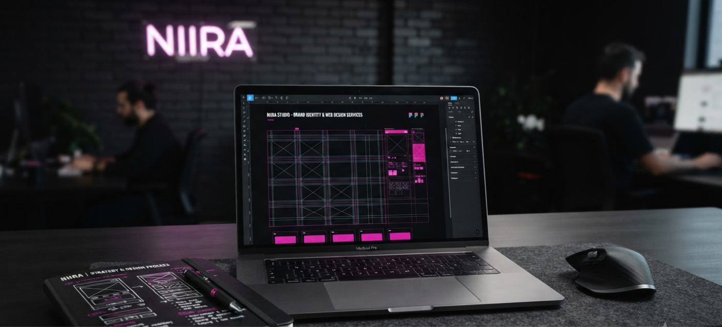 Creative agency workspace featuring a black laptop and NIIRA brand logo. Services we offer